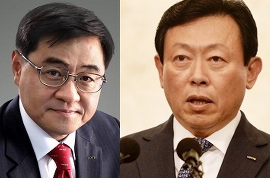 롯데그룹 비자금 조성과 관련 의혹을 받고 있는 채정병 롯데카드 사장(왼쪽)과 신동빈 롯데그룹 회장