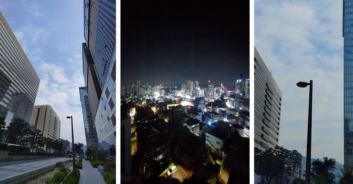 LG벨벳으로 찍은 사진. 왼쪽의 사진은 낮에, 중간 사진은 밤에 찍은 사진이다. 맨 오른쪽 사진은 낮 사진에서 가로등만 확대해 찍은 것. /사진=구현화 기자